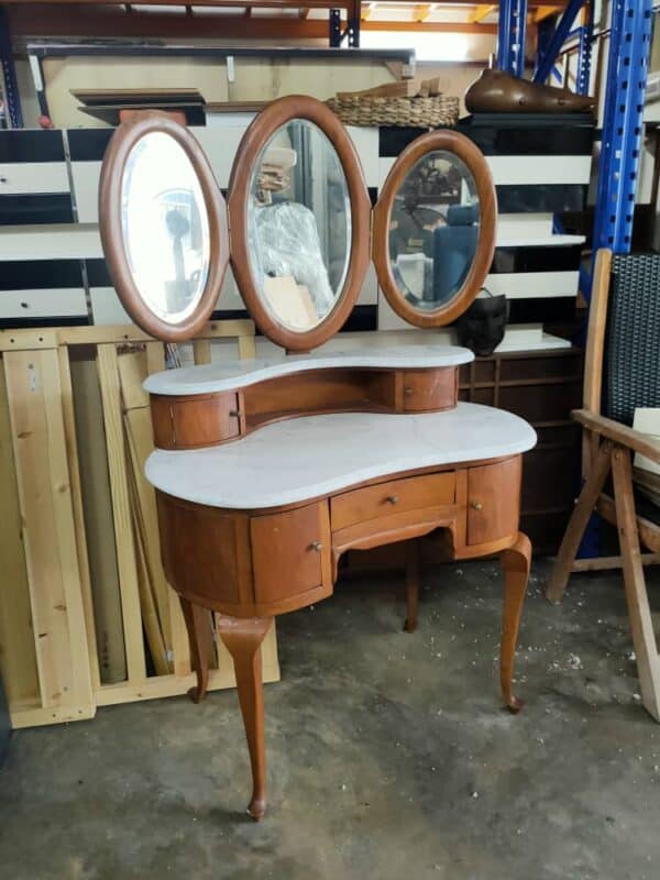 Foldable Teakwood Oval Mirror Dressing Table with Marble Top