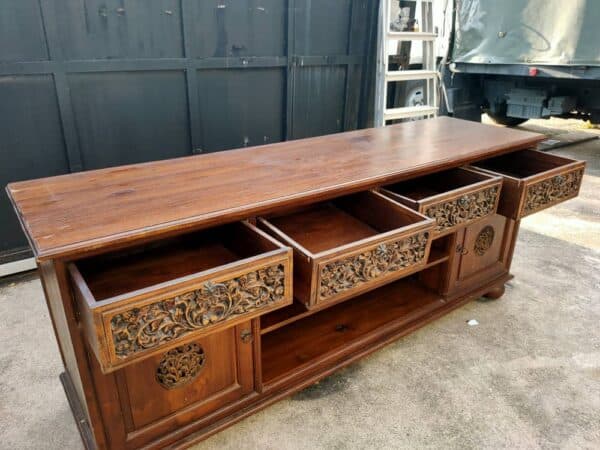 Teak wood tv console with drawers