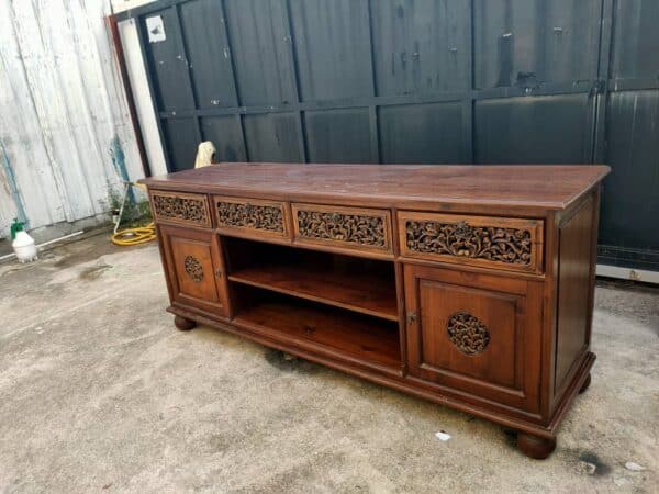 Teak wood tv console with drawers and cabinet