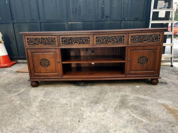 Teak wood tv console with drawers and door