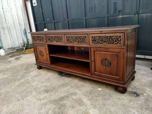 Teak wood tv console with drawers doors