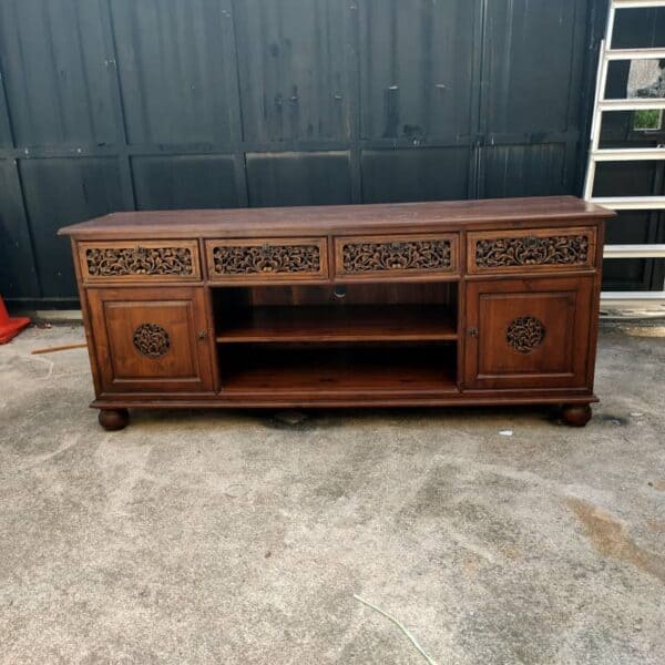 Teakwood tv console with drawers and doors