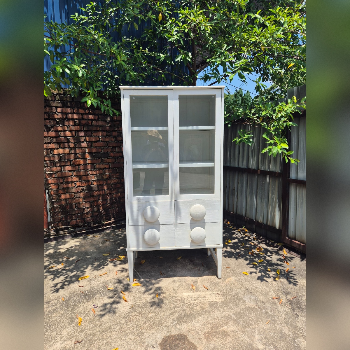 Teak Wood Glass Display Cabinet in White