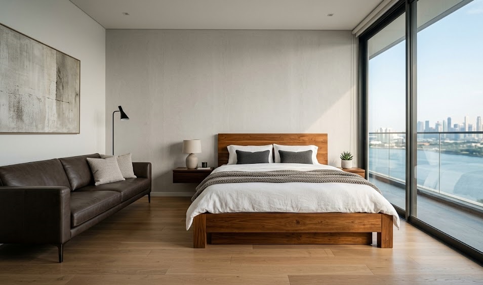 Modern premium rental apartment in Johor Bahru fully furnished with high-quality wood and leather furniture, showcasing views of the Straits of Johor.
