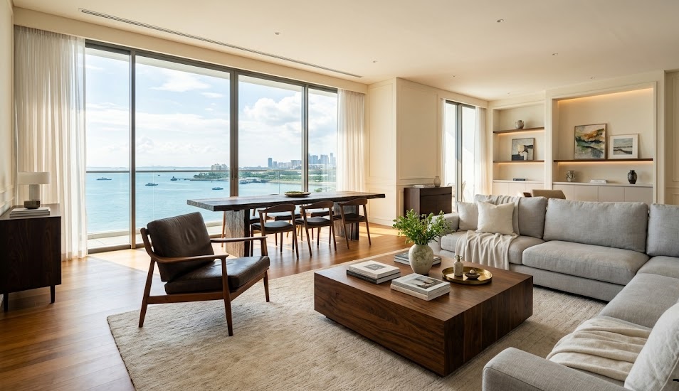 A beautifully curated luxury apartment living room in Forest City Johor, showcasing premium second-hand furniture and Malaysian solid wood pieces.