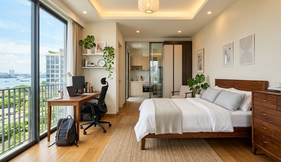 Heavy-duty solid wood furniture in a Johor Bahru co-living room setup