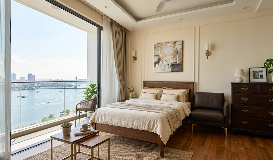 Premium compact solid wood furniture layout inside a Johor Bahru dual-key condo studio apartment