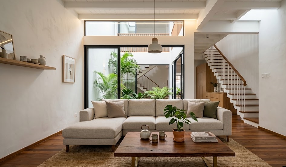 Japandi living room styling with solid wood furniture in Johor Bahru