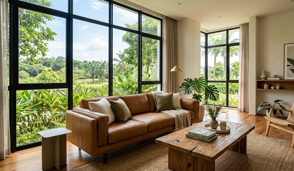 Premium resort-style living room furniture inside a Johor Bahru weekend condominium.