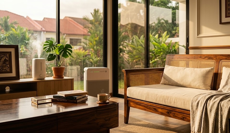Restored premium wood and leather furniture in a climate-controlled Malaysian living room.