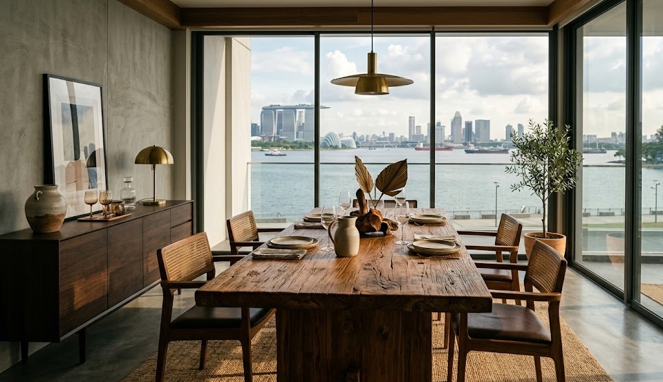 Modern solid wood second-hand dining table set up in a high-rise apartment in Johor Bahru.