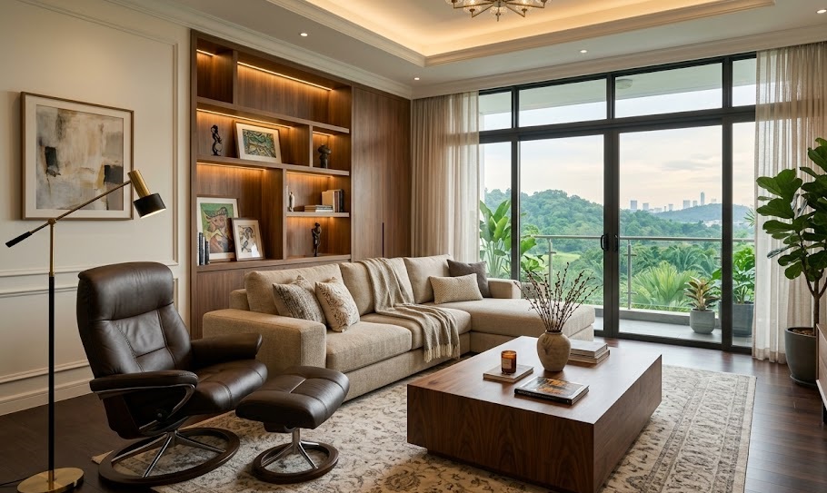 High-quality second-hand living room furniture in Johor Bahru rental property.