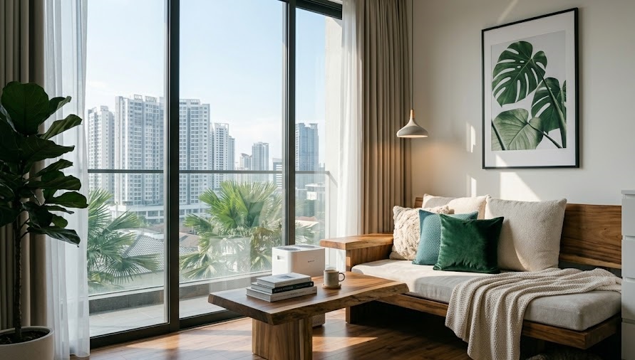 A stylish wooden daybed used as a space-saving sofa and bed in a modern Johor Bahru high-rise apartment.
