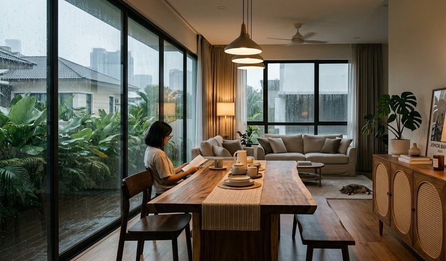 Acacia and Mindi solid wood furniture in a Malaysian home during the monsoon season.