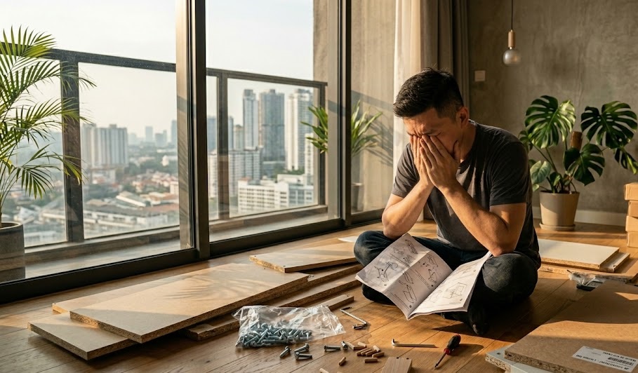 Frustrated person sitting on the floor surrounded by unassembled flat-pack furniture parts and instructions.