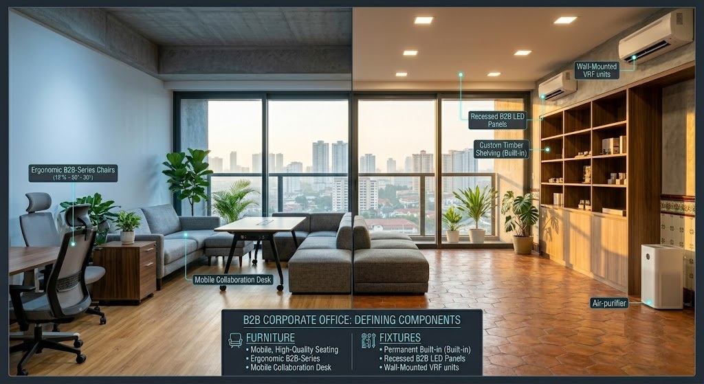 Split-screen architectural photograph of a modern office in Johor Bahru contrasting movable furniture with built-in fixtures.