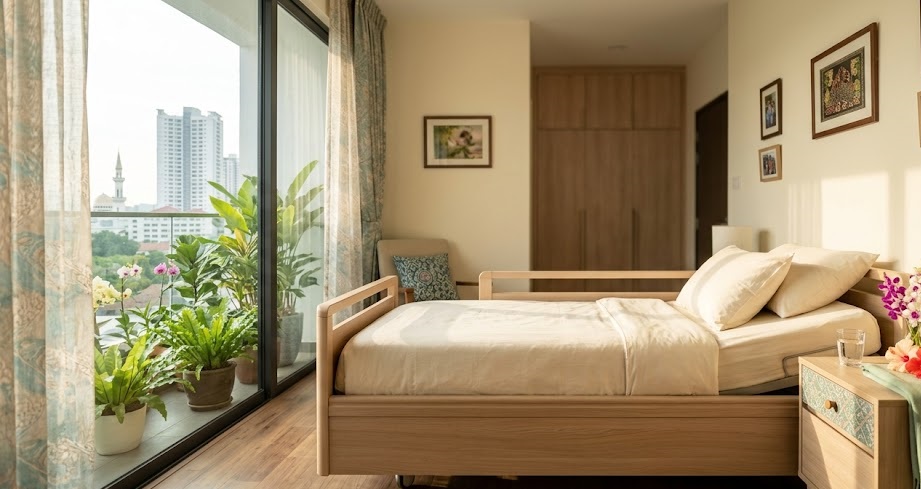 A clean, warm home care bedroom featuring an adjustable hospital bed neatly fitted with soft bedding.