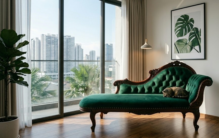 A luxurious emerald green vintage chaise lounge in a modern, sunlit living room.