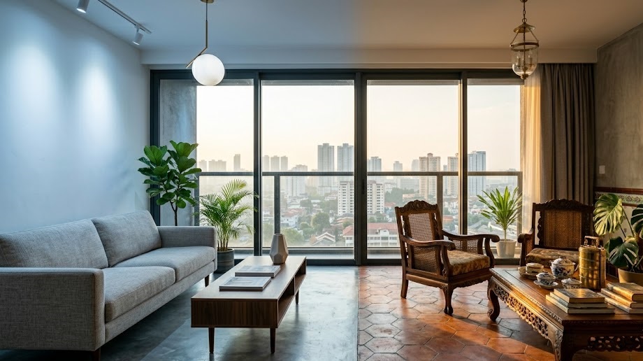 A split view of a living room featuring modern Crate & Barrel furniture on one side and vintage solid wood furniture on the other.