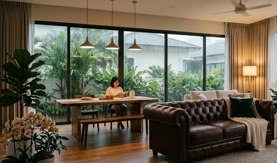 A premium brown leather sofa in a clean, pest-free Malaysian home.